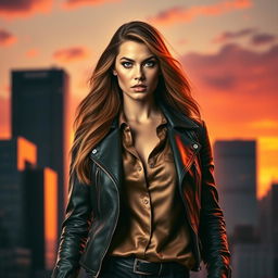 A figure of a powerful, confident woman standing tall with a stylish urban backdrop at sunset