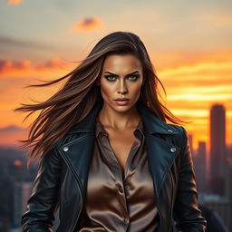 A figure of a powerful, confident woman standing tall with a stylish urban backdrop at sunset