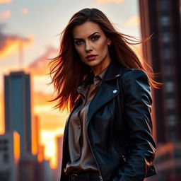 A figure of a powerful, confident woman standing tall with a stylish urban backdrop at sunset