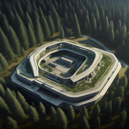 aerial view futuristic maximum-security penitentiary in the middle of forest in broad daylight based on https://files.dreamhome.software/files/static/36926