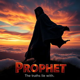 A film poster for a movie titled 'Prophet', featuring a mysterious and powerful figure standing on a hilltop, overlooking a vast landscape at sunset
