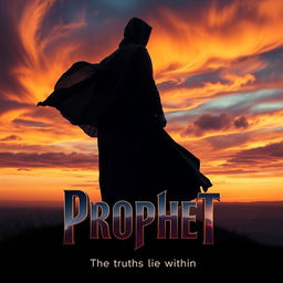 A film poster for a movie titled 'Prophet', featuring a mysterious and powerful figure standing on a hilltop, overlooking a vast landscape at sunset