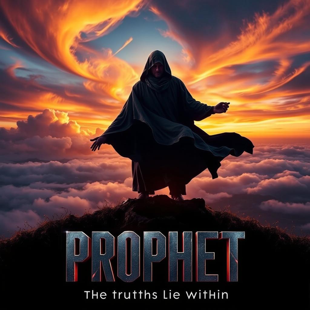 A film poster for a movie titled 'Prophet', featuring a mysterious and powerful figure standing on a hilltop, overlooking a vast landscape at sunset