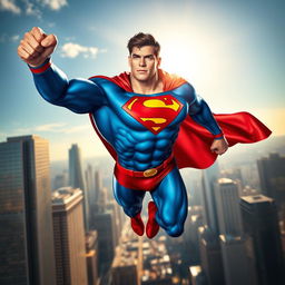 A heroic figure resembling a classic superhero, dressed in a tight-fitting blue and red suit with a bold emblem on the chest, showcasing an impressive muscular physique