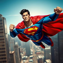 A heroic figure resembling a classic superhero, dressed in a tight-fitting blue and red suit with a bold emblem on the chest, showcasing an impressive muscular physique
