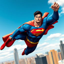 A heroic figure resembling a classic superhero, dressed in a tight-fitting blue and red suit with a bold emblem on the chest, showcasing an impressive muscular physique