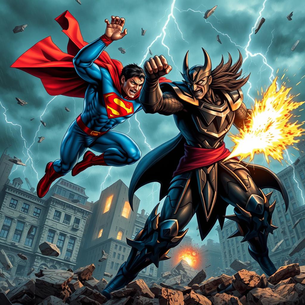 An intense, action-packed battle scene showcasing a fierce confrontation between a superhero and a supervillain