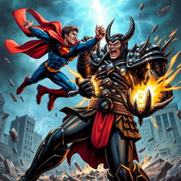 An intense, action-packed battle scene showcasing a fierce confrontation between a superhero and a supervillain