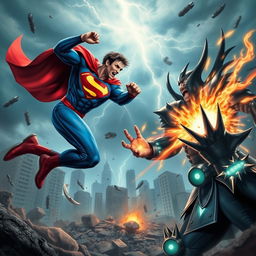 An intense, action-packed battle scene showcasing a fierce confrontation between a superhero and a supervillain