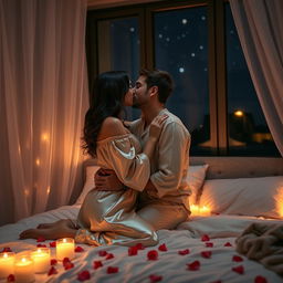 An intimate scene depicting a married couple embracing each other lovingly in a cozy, softly lit bedroom filled with romantic decor