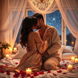 An intimate scene depicting a married couple embracing each other lovingly in a cozy, softly lit bedroom filled with romantic decor