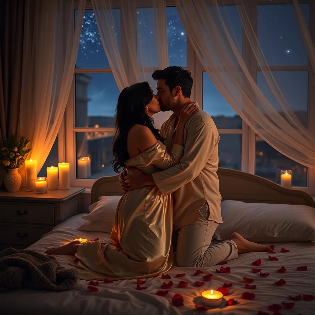 An intimate scene depicting a married couple embracing each other lovingly in a cozy, softly lit bedroom filled with romantic decor