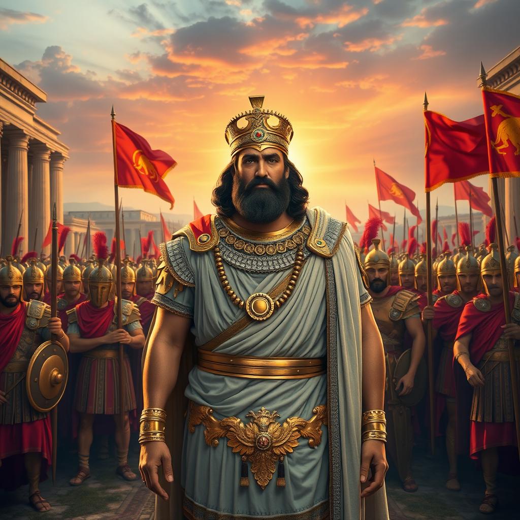 Cyrus the Great, the founder of the Achaemenid Empire, standing majestically in front of a vast and imposing Roman army, displaying a mix of ancient Persian and Roman military attire
