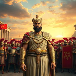 Cyrus the Great, the founder of the Achaemenid Empire, standing majestically in front of a vast and imposing Roman army, displaying a mix of ancient Persian and Roman military attire