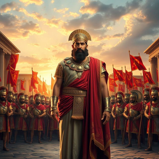 Cyrus the Great, the founder of the Achaemenid Empire, standing majestically in front of a vast and imposing Roman army, displaying a mix of ancient Persian and Roman military attire