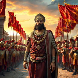 Cyrus the Great, the founder of the Achaemenid Empire, standing majestically in front of a vast and imposing Roman army, displaying a mix of ancient Persian and Roman military attire