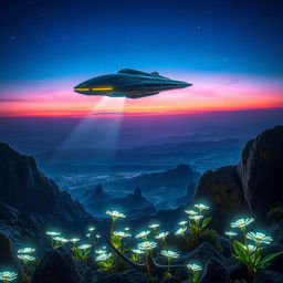 A stunning movie poster depicting an alien spaceship elegantly landing on a mysterious planet's surface