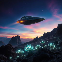A stunning movie poster depicting an alien spaceship elegantly landing on a mysterious planet's surface