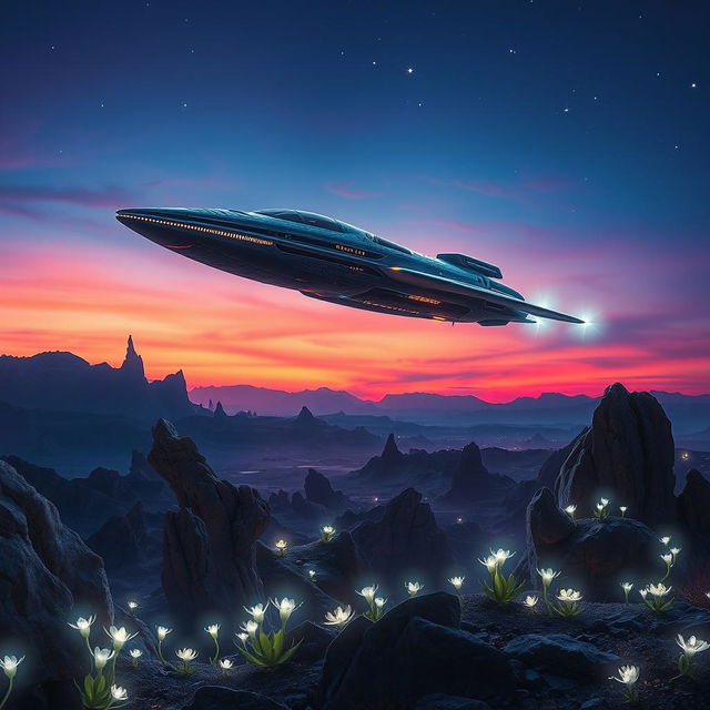 A stunning movie poster depicting an alien spaceship elegantly landing on a mysterious planet's surface