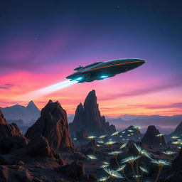 A stunning movie poster depicting an alien spaceship elegantly landing on a mysterious planet's surface