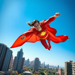 A vibrant and stunning superhero figure soaring through a bright blue sky, adorned in a striking red and gold costume with a flowing cape that catches the wind