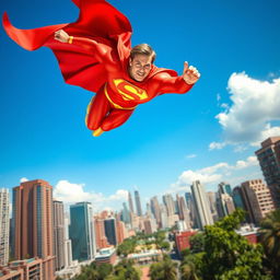 A vibrant and stunning superhero figure soaring through a bright blue sky, adorned in a striking red and gold costume with a flowing cape that catches the wind