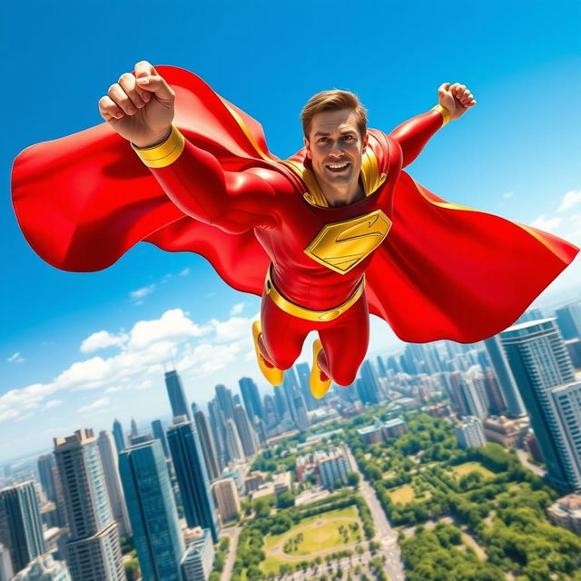 A vibrant and stunning superhero figure soaring through a bright blue sky, adorned in a striking red and gold costume with a flowing cape that catches the wind