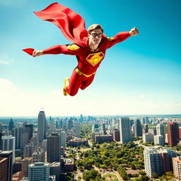 A vibrant and stunning superhero figure soaring through a bright blue sky, adorned in a striking red and gold costume with a flowing cape that catches the wind