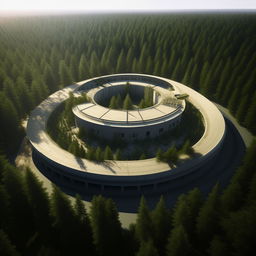 aerial view futuristic maximum-security penitentiary in the middle of forest in broad daylight based on https://files.dreamhome.software/files/static/36926