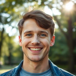 A close-up portrait of a cheerful man with a warm smile, deep-set blue eyes, and short brown hair
