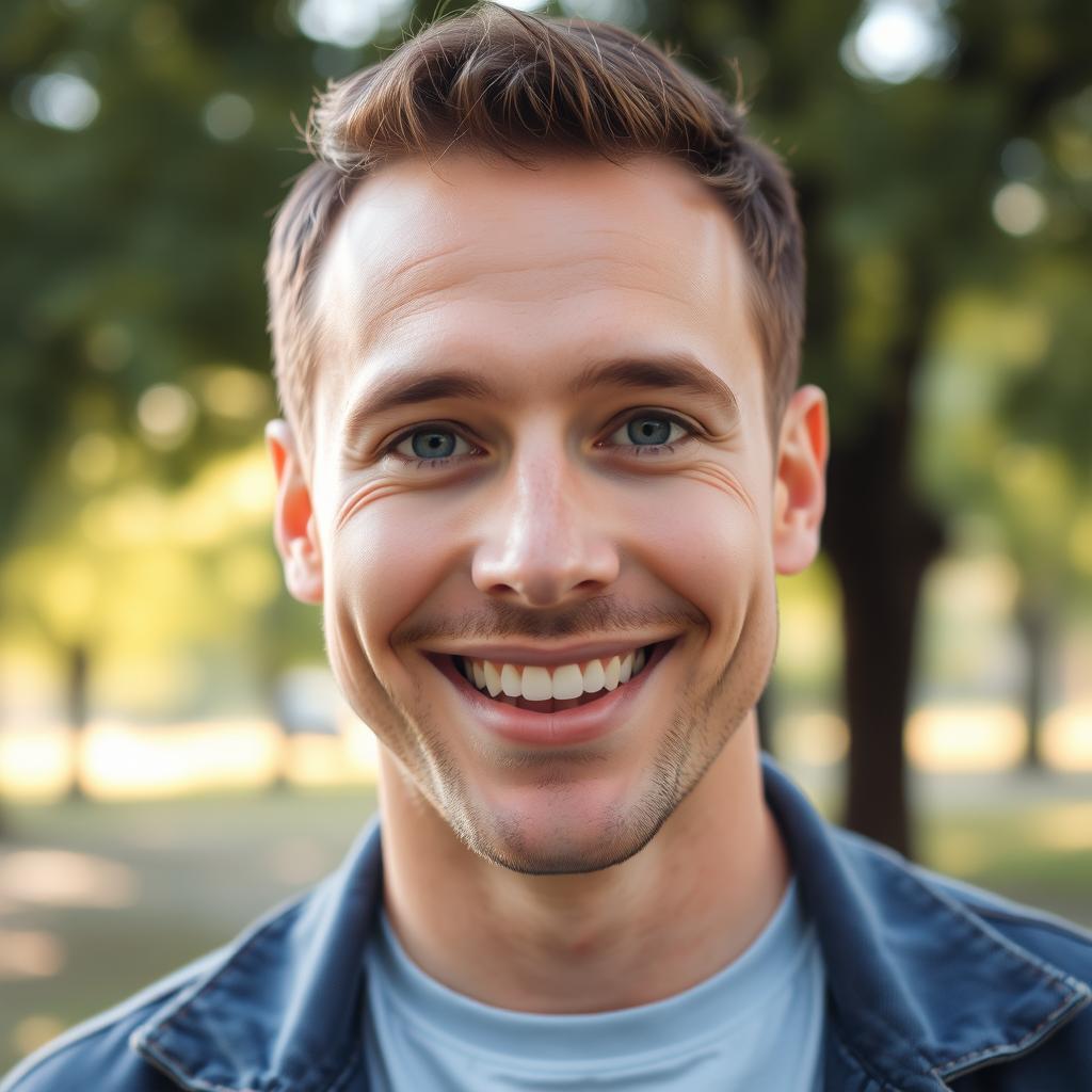 A close-up portrait of a cheerful man with a warm smile, deep-set blue eyes, and short brown hair