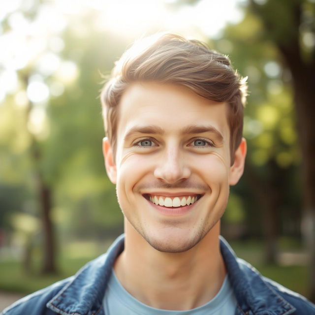 A close-up portrait of a cheerful man with a warm smile, deep-set blue eyes, and short brown hair