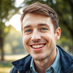 A close-up portrait of a cheerful man with a warm smile, deep-set blue eyes, and short brown hair