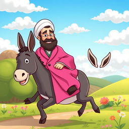 A whimsical cartoon depiction of a prominent political leader, Khamenei, wearing a vibrant pink coat, riding a donkey
