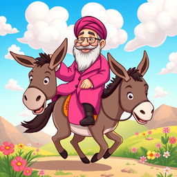 A whimsical cartoon depiction of a prominent political leader, Khamenei, wearing a vibrant pink coat, riding a donkey