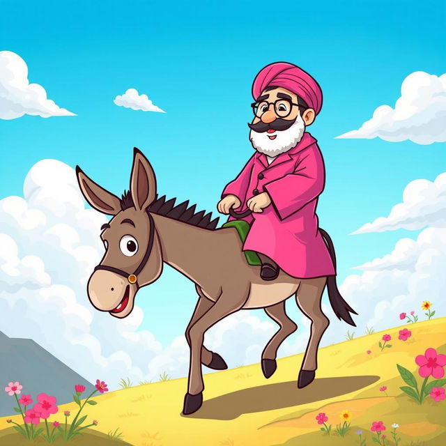 A whimsical cartoon depiction of a prominent political leader, Khamenei, wearing a vibrant pink coat, riding a donkey