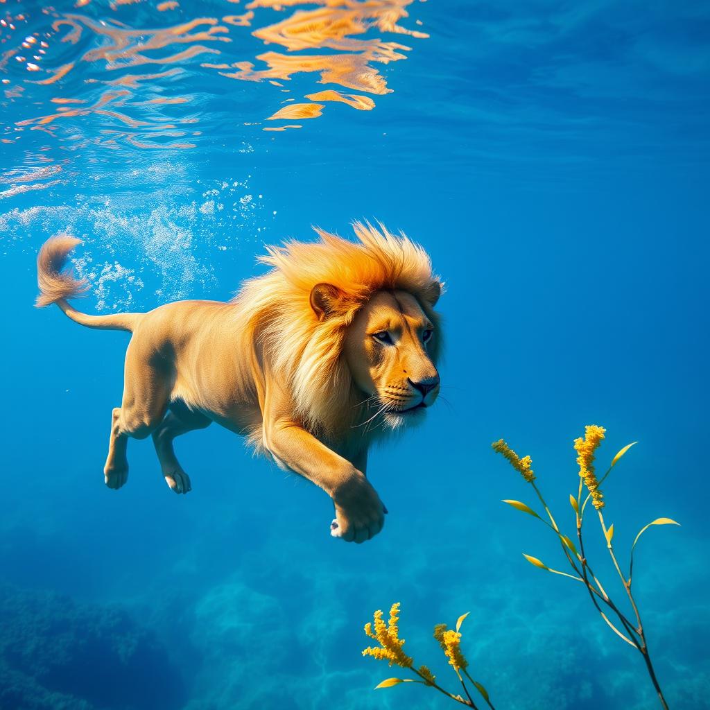 A majestic lion swimming gracefully in crystal clear blue water, its golden mane flowing with the movement