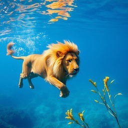 A majestic lion swimming gracefully in crystal clear blue water, its golden mane flowing with the movement