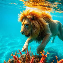 A majestic lion swimming gracefully in crystal clear blue water, its golden mane flowing with the movement