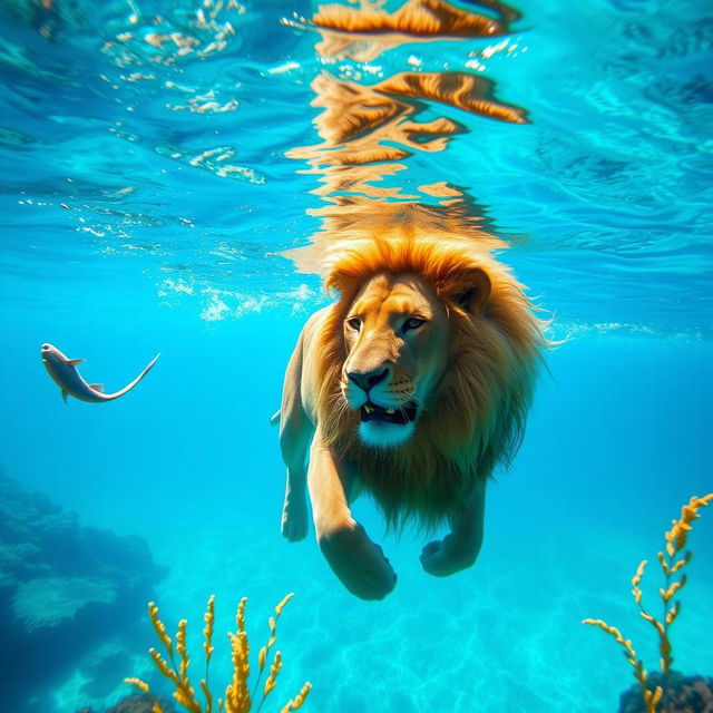 A majestic lion swimming gracefully in crystal clear blue water, its golden mane flowing with the movement