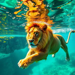 A majestic lion gracefully swimming in crystal clear turquoise water, its powerful limbs gliding effortlessly