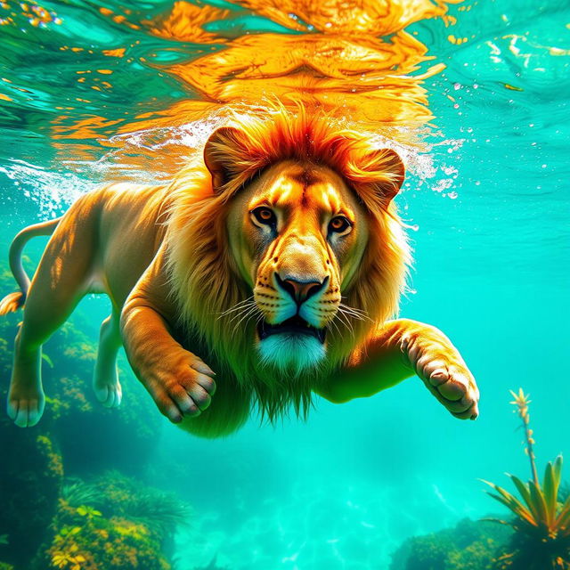 A majestic lion gracefully swimming in crystal clear turquoise water, its powerful limbs gliding effortlessly