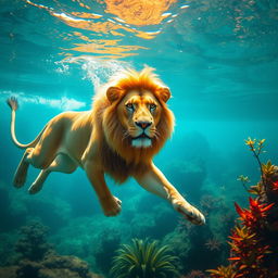 A majestic lion gracefully swimming in crystal clear turquoise water, its powerful limbs gliding effortlessly