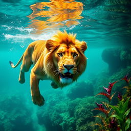 A majestic lion gracefully swimming in crystal clear turquoise water, its powerful limbs gliding effortlessly