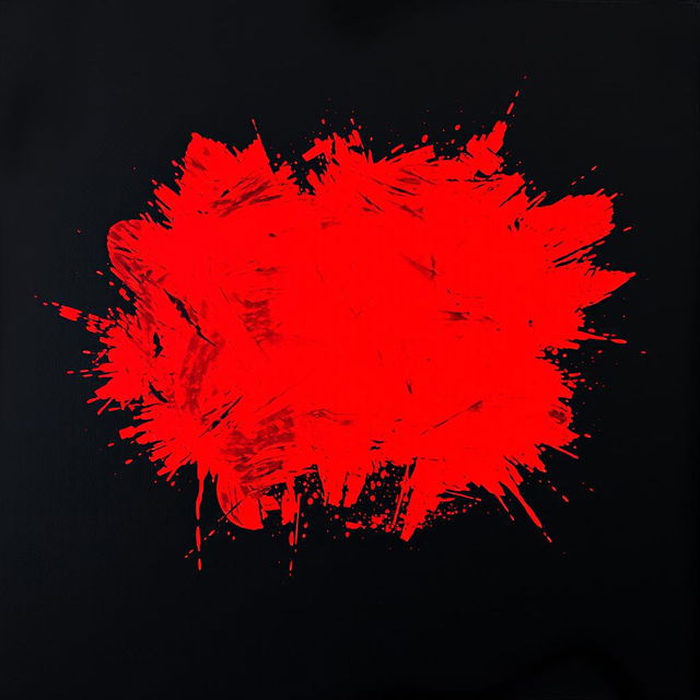 A black canvas with a large, vibrant splash of red paint in the center, creating a striking contrast