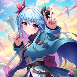 An anime character inspired by the provided image, featuring vibrant hair color and distinct facial features