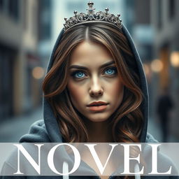 A captivating novel poster featuring a woman with fair skin wearing a stylish hoodie