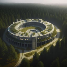 aerial view futuristic maximum-security penitentiary in the middle of forest in broad daylight based on https://files.dreamhome.software/files/static/36926