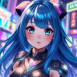 A vibrant and dynamic digital painting of a blue-haired anime girl, showcasing her striking azure hair that flows down her shoulders