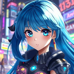 A vibrant and dynamic digital painting of a blue-haired anime girl, showcasing her striking azure hair that flows down her shoulders
